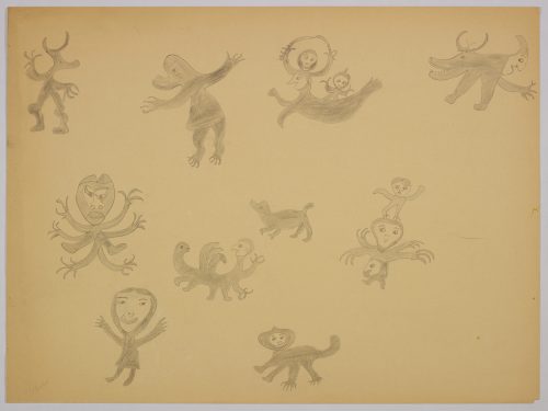 Imaginary scene depicting ten animal-human hybrid creatures including a sea creature with three human heads holding two knives and a creature with four arms and a smaller figure standing on it's large head. Scene presented in a two-dimensional style and using grey.