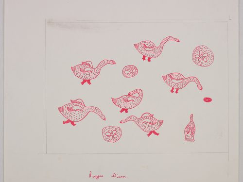 Playful scene depicting group of nearly identical looking birds next to three nests with eggs. Scene presented in a two-dimensional style and using pink.