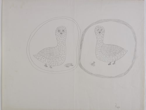 Two birds each standing in the middle of a circle. The bird on the left has a rabbit's body at its feet and the bird on the right has a rabbit's head at its feet. Presented in a two-dimensional style and using grey.