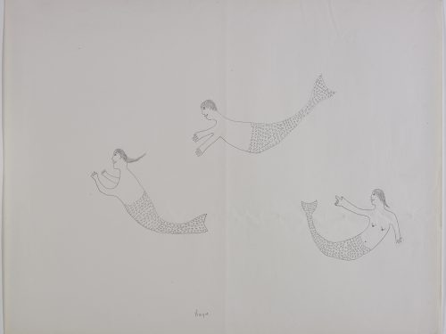 Three naked mermaids and all facing left. Presented in a two-dimensional style and using grey.