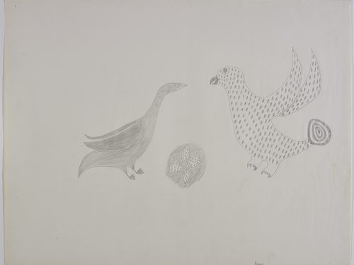 Two stylized birds facing each other. The bird on the right has a circular tail while the other bird has a very smooth body and is next to four eggs. Presented in a two-dimensional style and using grey.