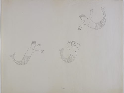 Two mermen pointing at a mermaid in the middle of the image. Presented in a two-dimensional style and using grey.