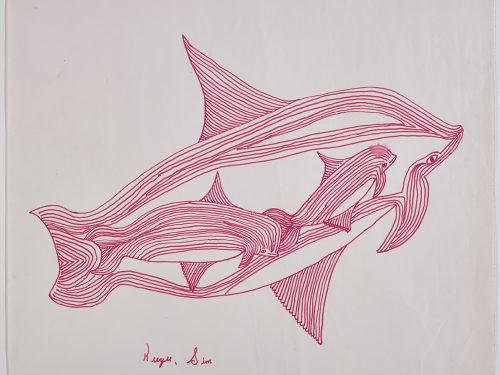 A whale with two babies swimming beside it. Presented in a two-dimensional style and using pink.