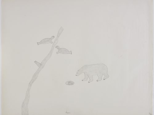 A polar bear hunting a seal at a seal hole and beside it are three other seals swimming into a crack in the ice. Presented in a two-dimensional style and using grey.