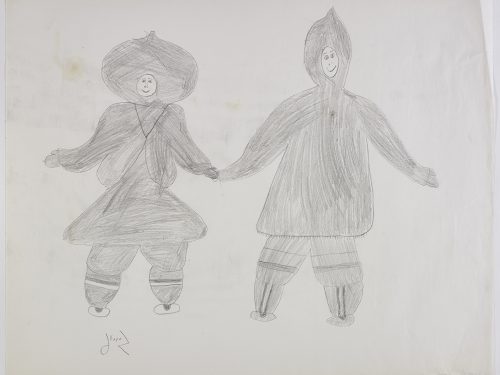 A man and a woman holding hands and facing forward. Presented in a two-dimensional style and using grey.
