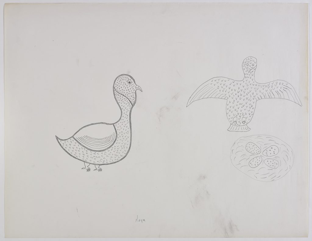 Two birds standing near a nest with four eggs. Presented in a two-dimensional style and using grey.