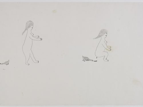 Two naked women defecating and birds are eating the fecal matter. Presented in a two-dimensional style and using grey.