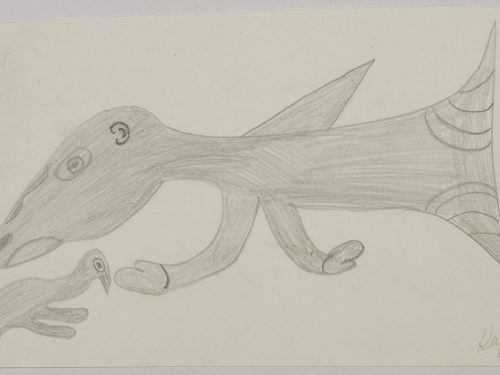 Large fish-like creature with a large head and arms pictured above a small baby bird. Creatures presented in a two-dimensional style and using grey.