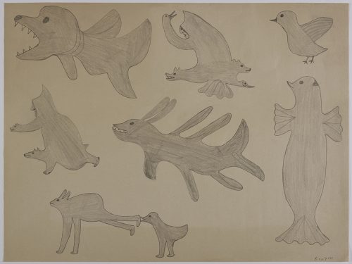 Groupe de huit créatures étranges comprenant un poisson avec une tête de chien, un homme avec un bras de loup rattaché à un ours et un poisson avec plusieurs nageoires et des oreilles de lapin au centre. Œuvre bidimensionnelle exécutée en gris.