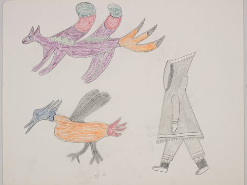 Deux créatures avec de multiples membres et un gros oiseau à côté d'un Inuit en costume traditionnel. Œuvre bidimensionnelle exécutée en gris, noir, rouge, bleu et violet.