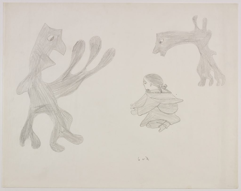 There are two creatures with multiple arms and legs surrounding a with a girl wearing traditional Inuit clothing sitting in the middle of the page. They are depicted in a flat