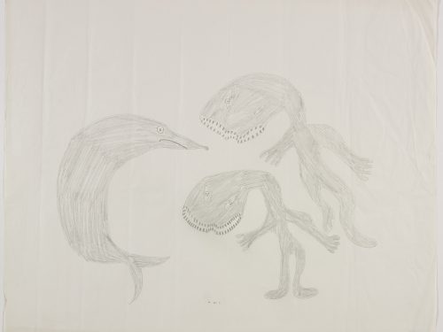 Deux créatures humanoïdes aux visages étranges dotées de très grandes bouches et de dents pointues affrontent une créature marine au museau pointu et sans nageoires pectorales. Œuvre bidimensionnelle exécutée en gris.