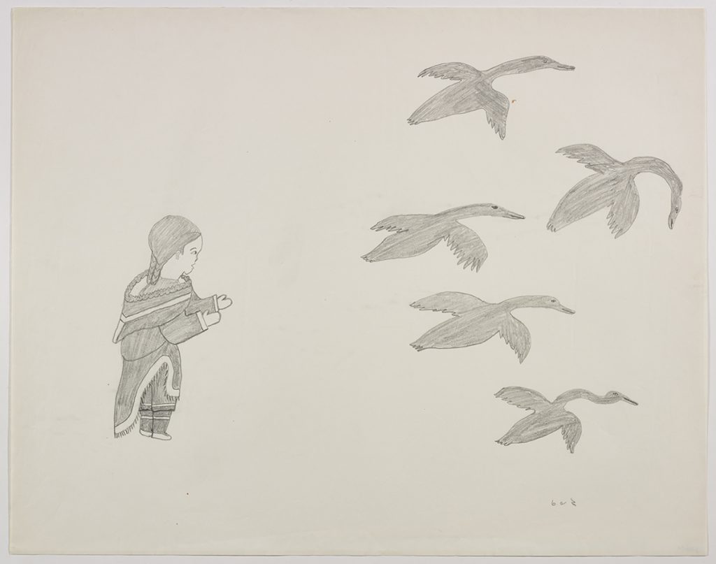 There is a woman wearing a detailed amautik with diffrent stripes and fringes facing a group of five nearly identical flying birds. They are depicted in a flat