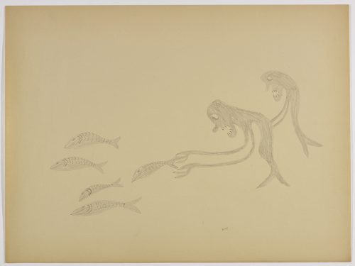 There are two sea creatures with long arms and mermaid tails reaching towards a group of five similar fish with large scale patterns on their sides. They are depicted in a flat