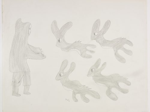 There are four rabbits jumping towards a human figure