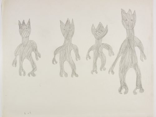 There are four strange creatures that have three pointy heads and two-fingered toes and hands. They also don’t have any mouthes or noses. They are depicted in a flat