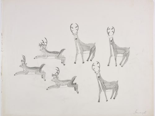 Scene depicting a group of six caribou where three are pictured running with their legs in the air on the left side while three other caribou stand and face the front on the right side of the page. They are depicted in a flat