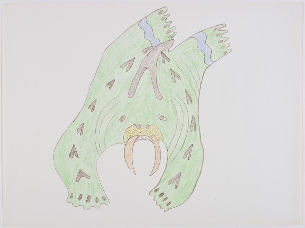 A walrus laying on its stomach facing the bottom of the page. Presented in a two-dimensional style and using green