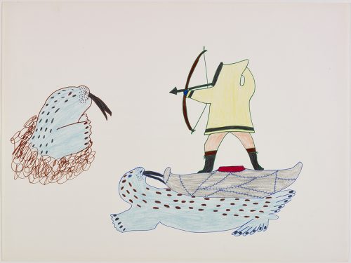 A man hunting a walrus with a bow and arrow on top of a kayak and the kayak is resting on a walrus. Presented in a two-dimensional style and using blue
