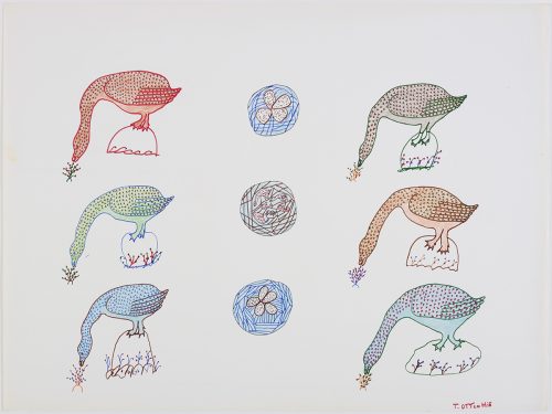 Six birds feeding on colourful flowers with their nests in the centre. Presented in a two-dimensional style and using blue