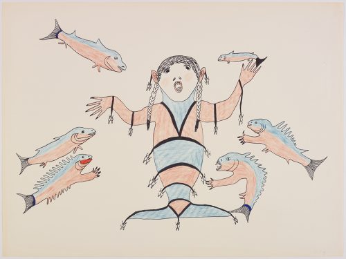 Six fish swimming around a mermaid who has long hair. Presented in a two-dimensional style and using blue