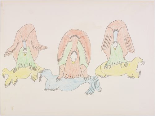 Three large birds resting on three walrus. Presented in a two-dimensional style and using blue