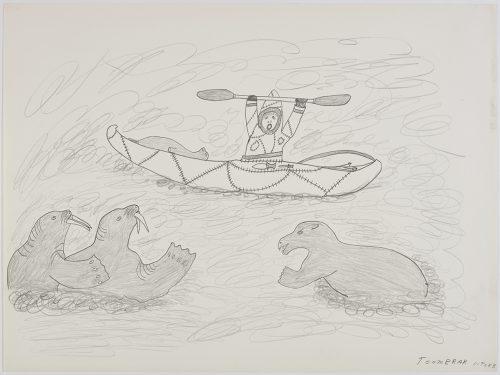 A polar bear swimming toward two walrus and a man in a kayak holding up his oar. Presented in a two-dimensional style and using grey.