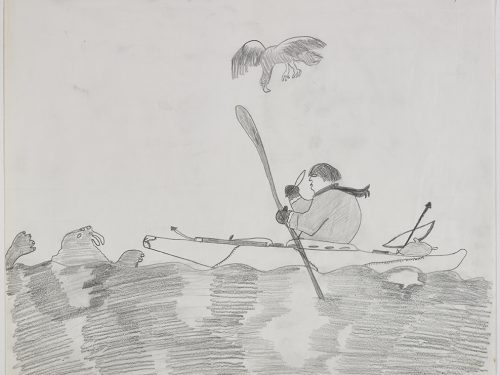 A man with a knife in a kayak beside a walrus and a bird flying over them. Presented in a two-dimensional style and using grey.