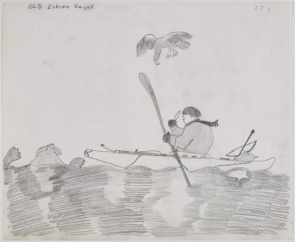 A man with a knife in a kayak beside a walrus and a bird flying over them. Presented in a two-dimensional style and using grey.