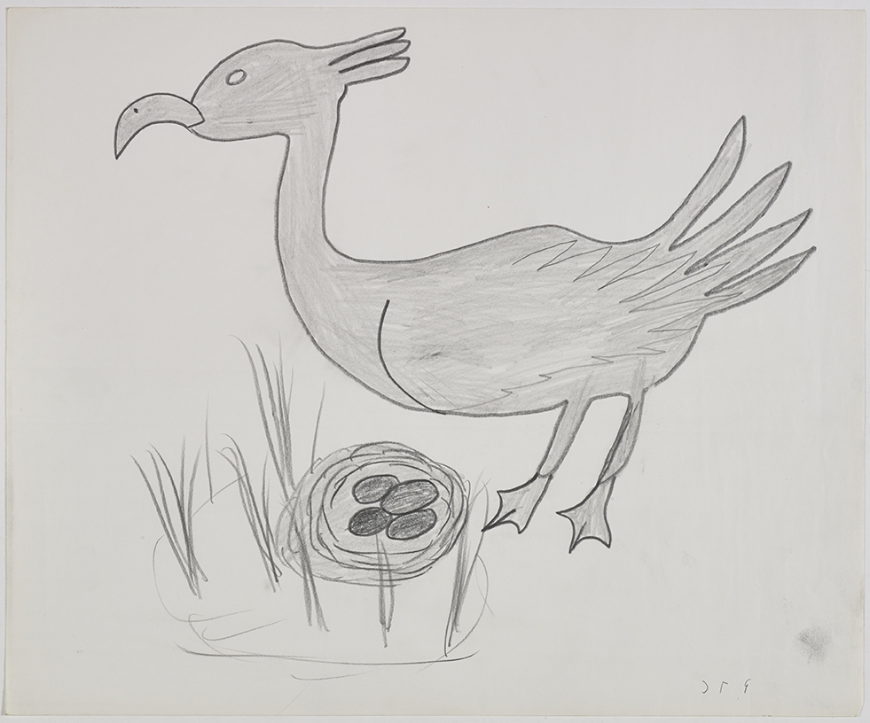 A bird standing beside its nest with four eggs in it. Presented in a two-dimensional style and using grey.