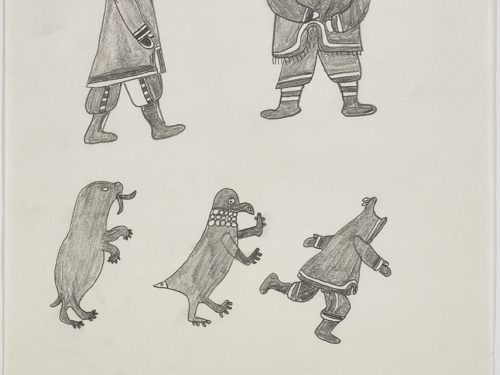 A man facing a woman who is facing forward above a dog-like creature with tusks and a bird-like creature with paws chasing a man. Presented in a two-dimensional style and using grey.