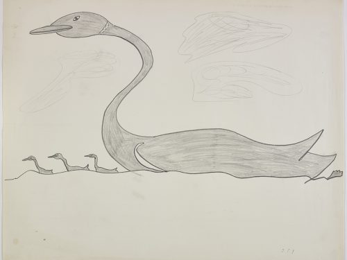 Three ducklings and a duck swimming. Presented in a two-dimensional style and using grey.