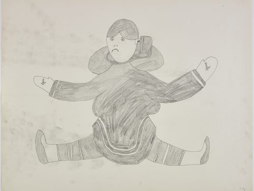 A woman doing the splits with a frowned face wearing an amauti. Presented in a two-dimensional style and using grey.