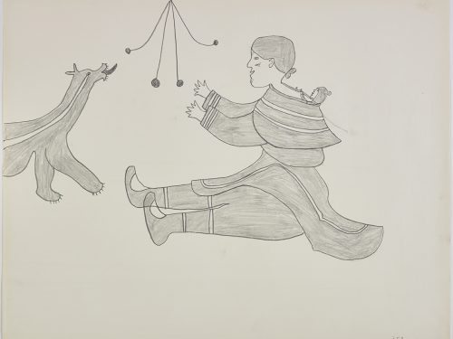 A woman with a dog beside her and playing with a juggling ball. Thers is a baby in her amauti. Presented in a two-dimensional style and using grey.