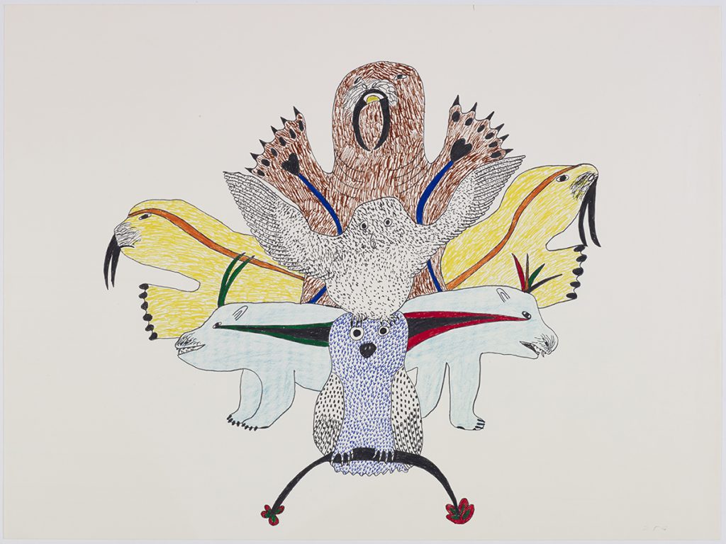 An owl on top of an owl and behind them are two polar bears facing opposite ways and three walrus. Presented in a two-dimensional style and using blue