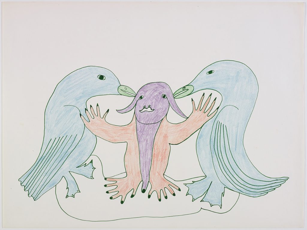 Two birds facing a goat-like creature with two human-like hands. Presented in a two-dimensional style and using blue