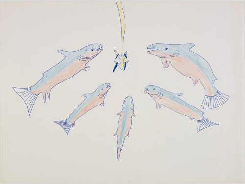 Five fish swimming toward an old fashioned hook made out of bone. Presented in a two-dimensional style and using blue