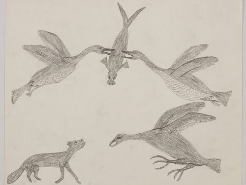A bird hunting a fox on the bottom and two other birds fighting over a seal at the top. Presented in a two-dimensional style and using grey.