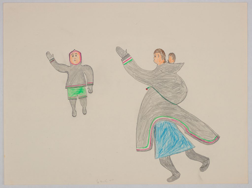 A man wearing traditinal Inuit clothing to the left of a woman carrying a baby in her amautik. Presented in a two-dimensional style and using grey