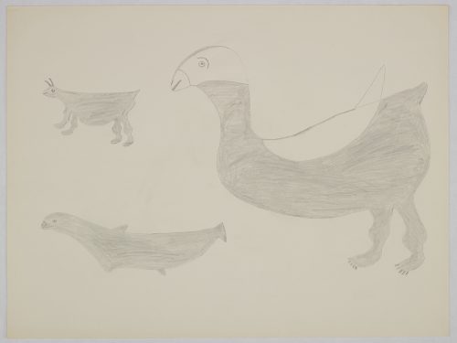 A giant bird to the right of a caribou-like creature and a sea creature. Presented in a two-dimensional style and using grey .