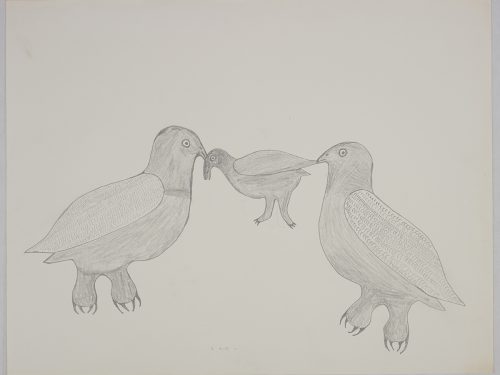 Two larger birds holding a small bird in their beaks between them. Presented in a two-dimensional style and using grey.