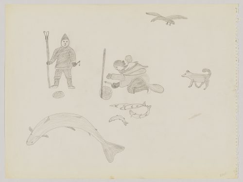 Fishing scene depicting two hunters ice fishing using traditional hunting tools with five caught fish nearby and a dog and bird behind them in the top right corner. Presented in a two-dimensional style and using grey.