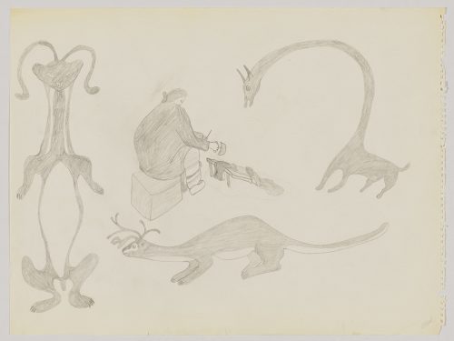 Three imaginary creatures resembling weasels with horns and a dog with a long neck