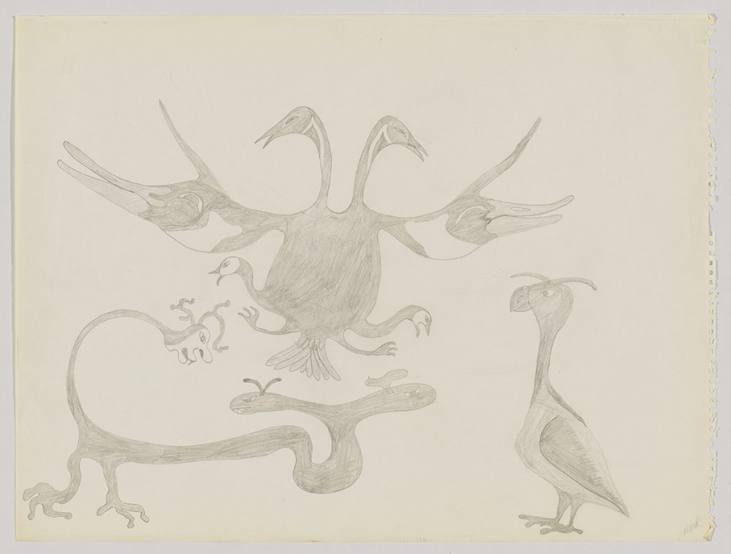 A large six-headed bird in the centre with a mythical three-headed serpent in the bottom left corner