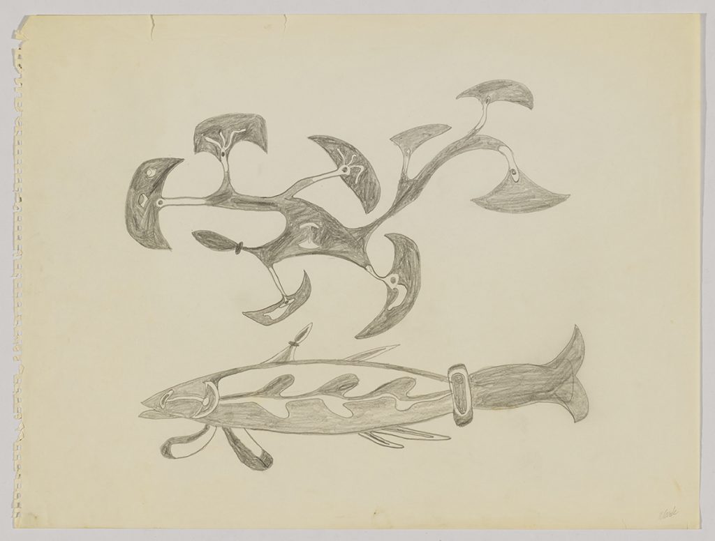 Surreal object made up of eight ulus and a knife above a stylized fish with a pattern on its body. Presented in a two-dimensional style and using grey.