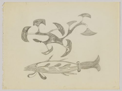 Surreal object made up of eight ulus and a knife above a stylized fish with a pattern on its body. Presented in a two-dimensional style and using grey.
