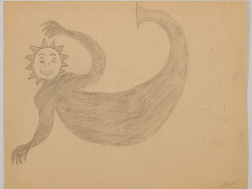 A mermaid with a happy sunny face. Presented in a two-dimensional style and using grey.