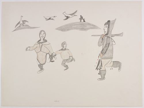 A man holding a dead goose walking toward a woman and child. There are three birds flying above them. Presented in a two-dimensional style and using brown