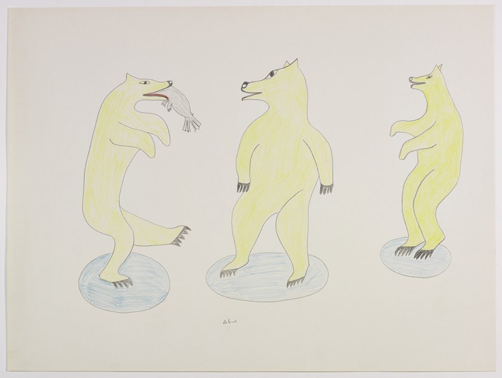 Three polar bears standing upright on their hind legs. The polar bear on the left has a fish in its mouth. Presented in a two-dimensional style and using yellow