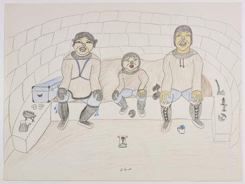 Three people sitting in an igloo with hunting supplies surrounding them. Presented in a flattened vertical perspective style and using blue